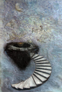 Mary Hood, Spiraling, 2011; laser-engraved wood relief, silkscreen, monotype 